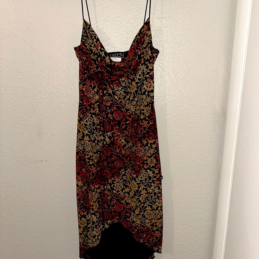 Dinner or Festive cocktail dress, Only worn 3 times, black, gold and burgundy.